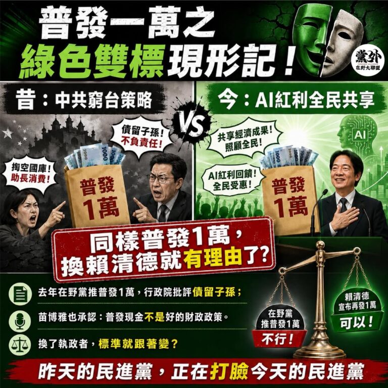 【同樣普發1萬，換賴清德就有理由了？】

民進黨的政策標準，真的比橡皮筋還有彈性。

去年在野黨推普發1萬，行政院痛批「...
