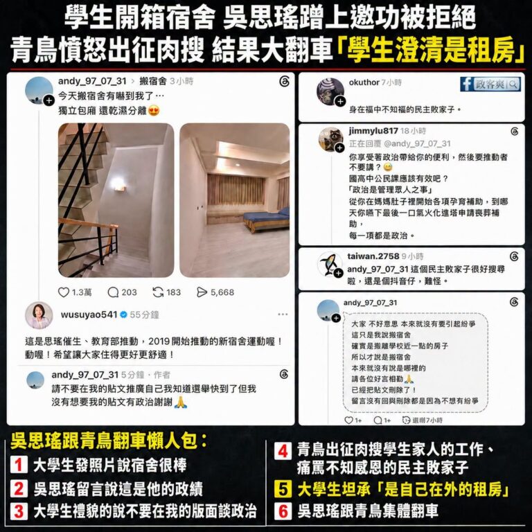 大學生開箱宿舍，吳思瑤蹭上邀功被拒絕
青鳥憤怒出征肉搜，結果大翻車「學生澄清是租房」

是這樣啦，最近是開學季，脆上很多...