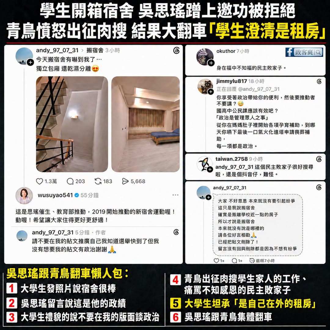 大學生開箱宿舍，吳思瑤蹭上邀功被拒絕
青鳥憤怒出征肉搜，結果大翻車「學生澄清是租房」

是這樣啦，最近是開學季，脆上很多...