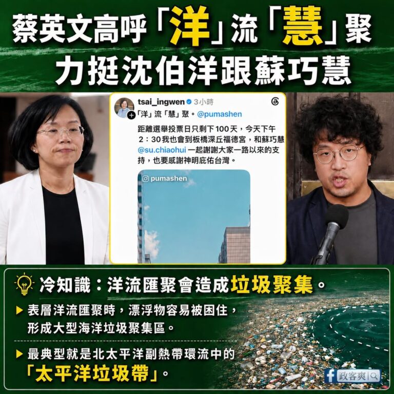 蔡英文喊洋流慧聚聽起來像是在偷臭

冷知識：洋流匯聚會造成垃圾聚集

當多股洋流在環流中心匯聚時，會產生所謂的「艾克曼輻...
