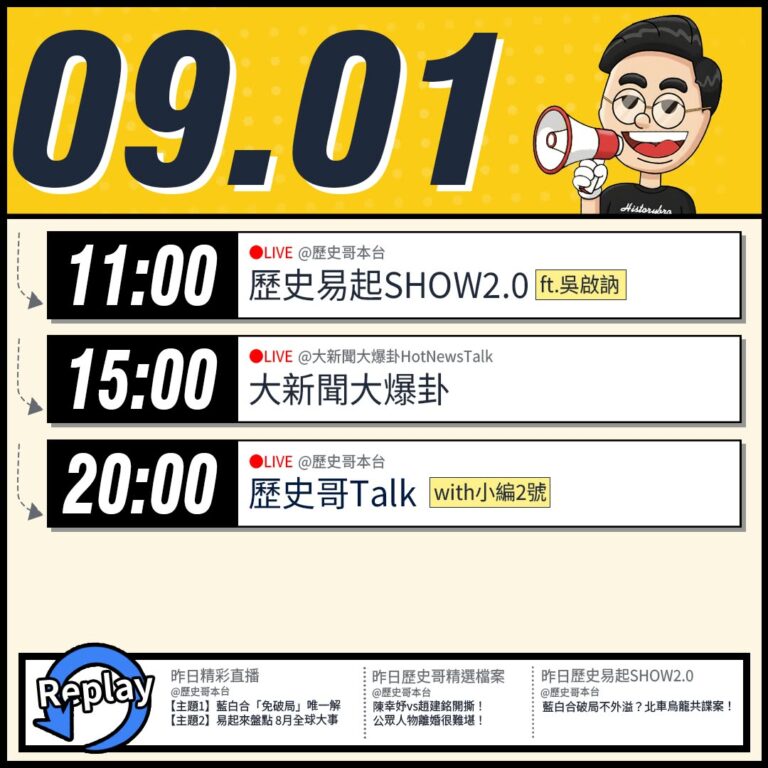 【9/1(二)歷史哥李易修忙什麼？】

 11:00【歷史易起SHOW2.0｜中研院副研究員 吳啟訥】


15:00 ...