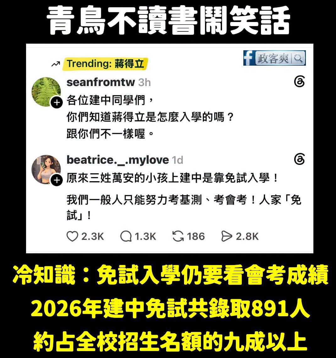 在青鳥的世界裡，免試入學等於不用考試靠特權上建中
哈哈哈哈哈哈哈哈哈哈，而且不只一個人講，現在到處都看得到這種留言

我...
