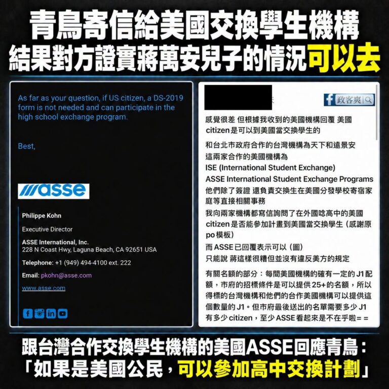 尷尬了，綠營又翻車了

青鳥寄信給跟台灣合作交換學生的美國機構，詢問蔣萬安兒子的情況能去嗎？結果對方回信說「可以」

這...