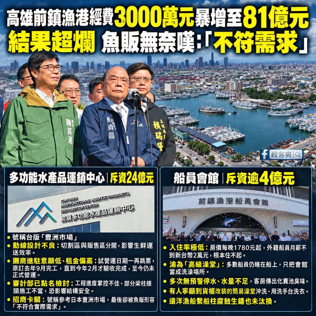 從81億前鎮漁港的爛尾，看見蘇家父女的建設美學：「華麗剪綵的政績，糟糕透頂的收尾」

蘇貞昌跟蘇巧慧都喜歡在中央大撒幣之...