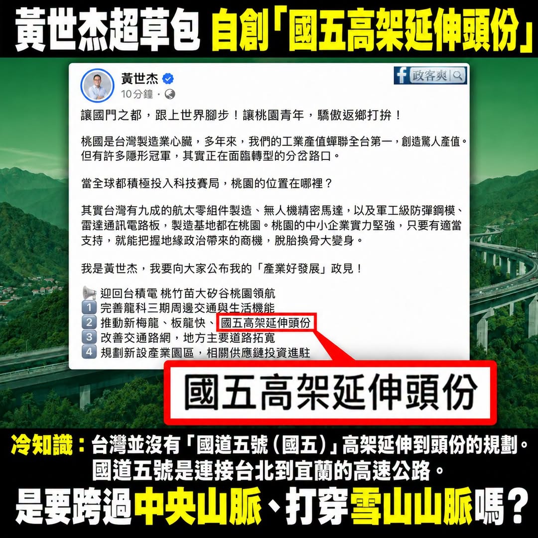 民進黨桃園市長參選人黃世杰宣布史詩級交通建設！
國五高架延伸頭份，是要橫跨中央山脈創造史詩級的地理改造計畫？

桃園青年...