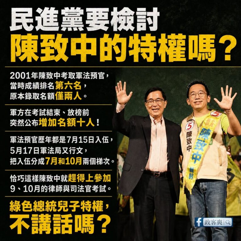民進黨要檢討綠色總統兒子的特權嗎？

2001年陳水扁兒子陳致中考取了九十年度的軍法預官，當時成績排名是第六名。

重點...
