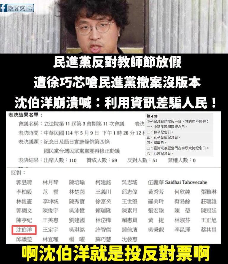 沈伯洋機機歪歪說民進黨當初對放五天假有版本，啊其實到最後就是都撤案，而且「投下反對票」

最搞笑的是，民進黨提的版本也「...