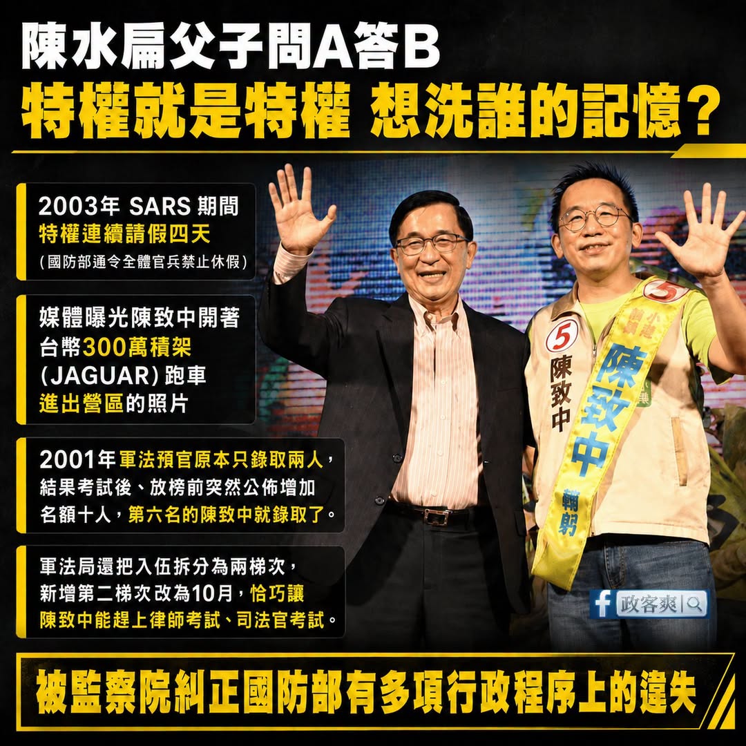 特權就是特權，陳水扁父子問A答B想洗誰的記憶？

陳水扁父子回應軍法預官增額問題，說「至少有當兵啊！」

這就像「考試作...