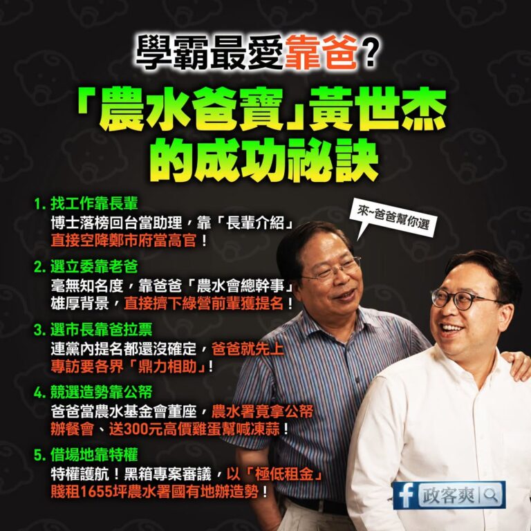 別人靠自己努力打拼，黃世杰靠爸爸一路開外掛，成為知名的「農水爸寶」

今天帶大家開箱民進黨黃世杰的政治人生，看看什麼叫做...