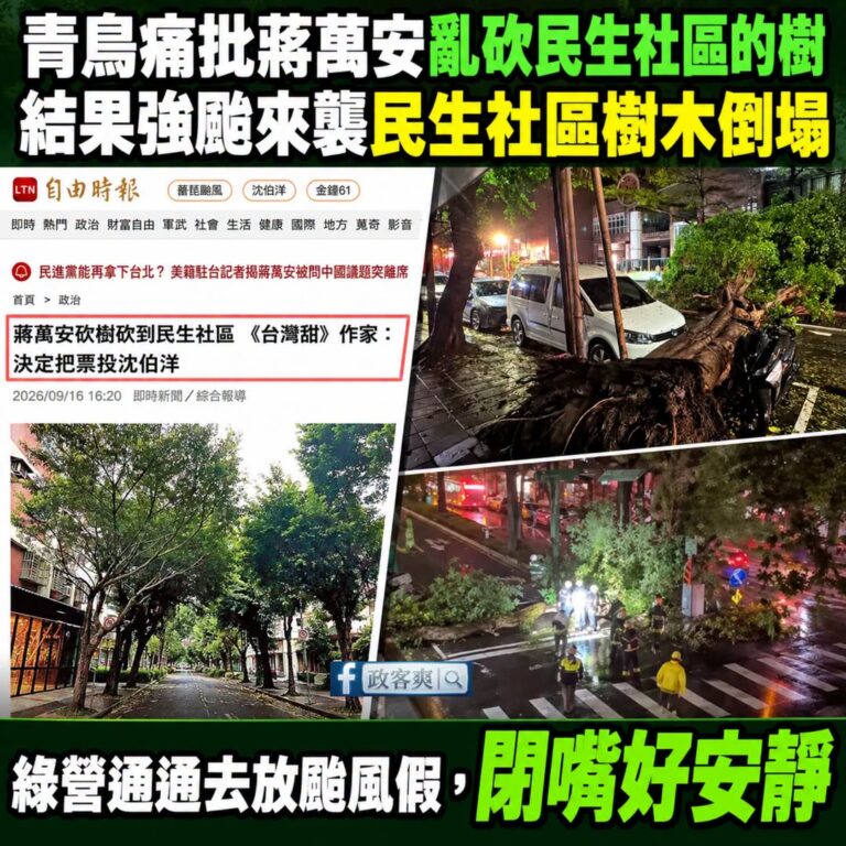 好奇問一下，綠營是去放颱風假了嗎？

前陣子才有青鳥說民生社區砍樹，所以要票投沈伯洋。

請問這次強颱民生社區很多樹木傾...