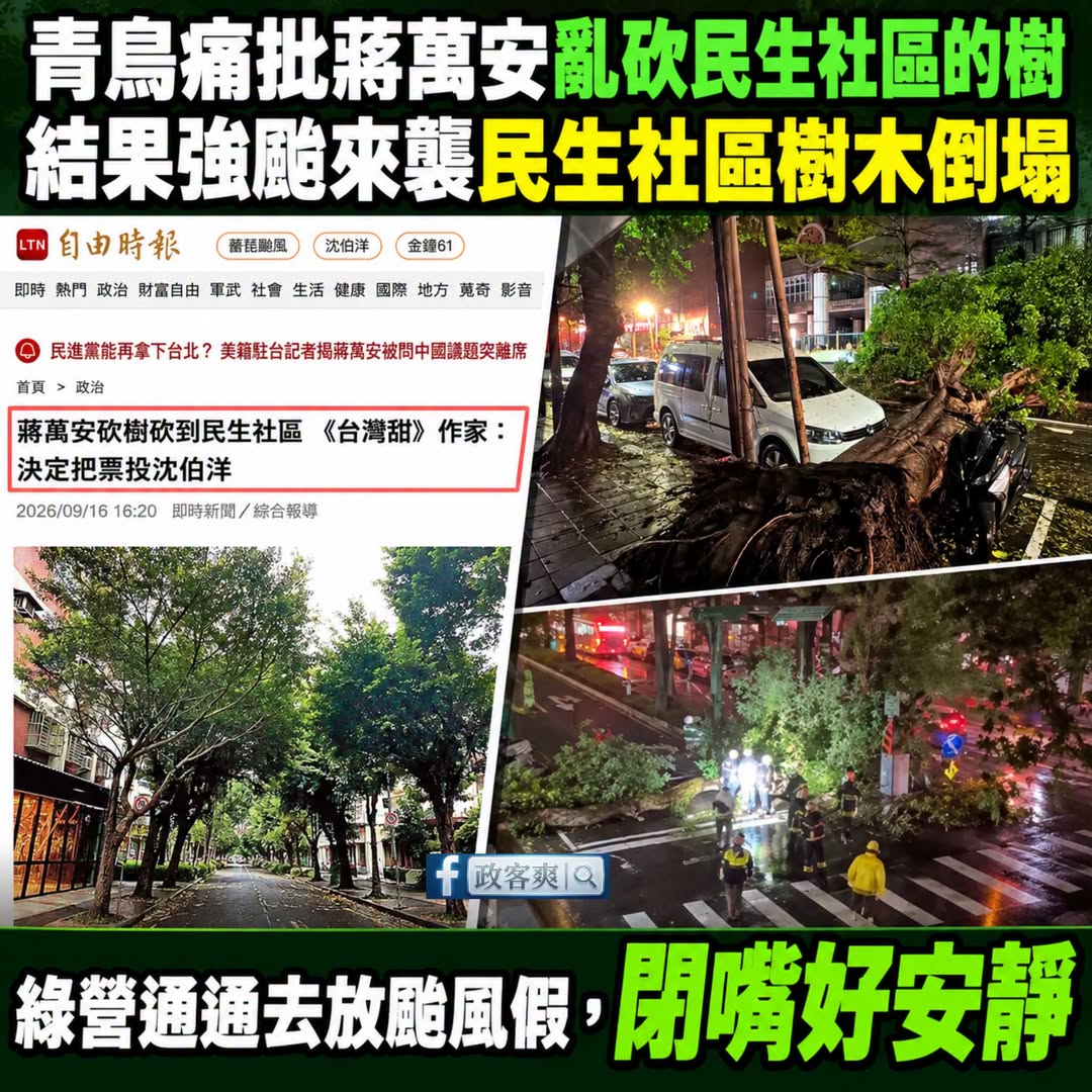 好奇問一下，綠營是去放颱風假了嗎？

前陣子才有青鳥說民生社區砍樹，所以要票投沈伯洋。

請問這次強颱民生社區很多樹木傾...