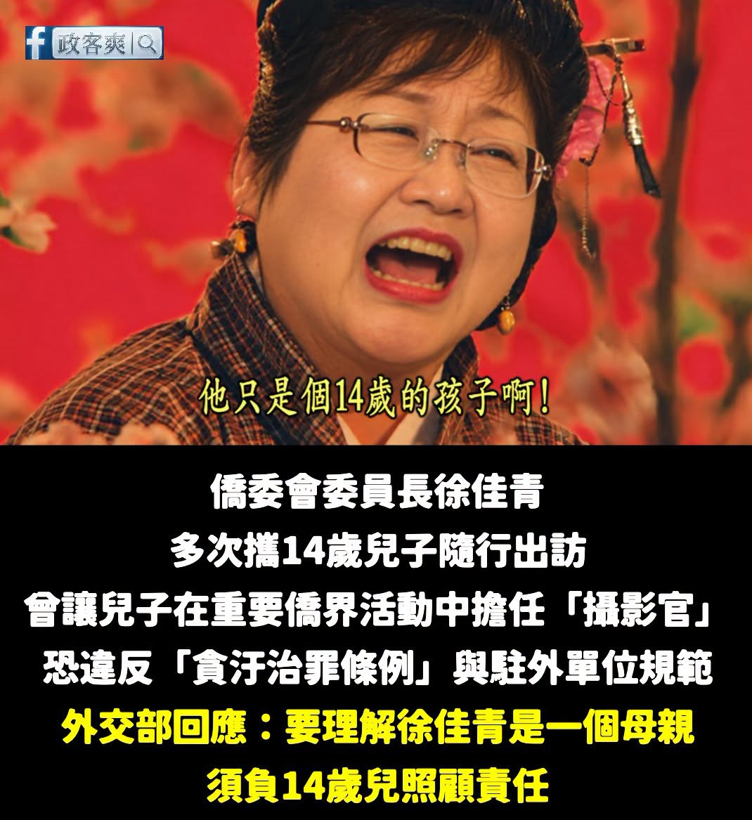 徐佳青公務行程帶兒子擔任攝影官，外交部溫暖回應：「要理解徐佳青是一個母親，須負14歲兒照顧責任」

欸不是，14歲的小孩...