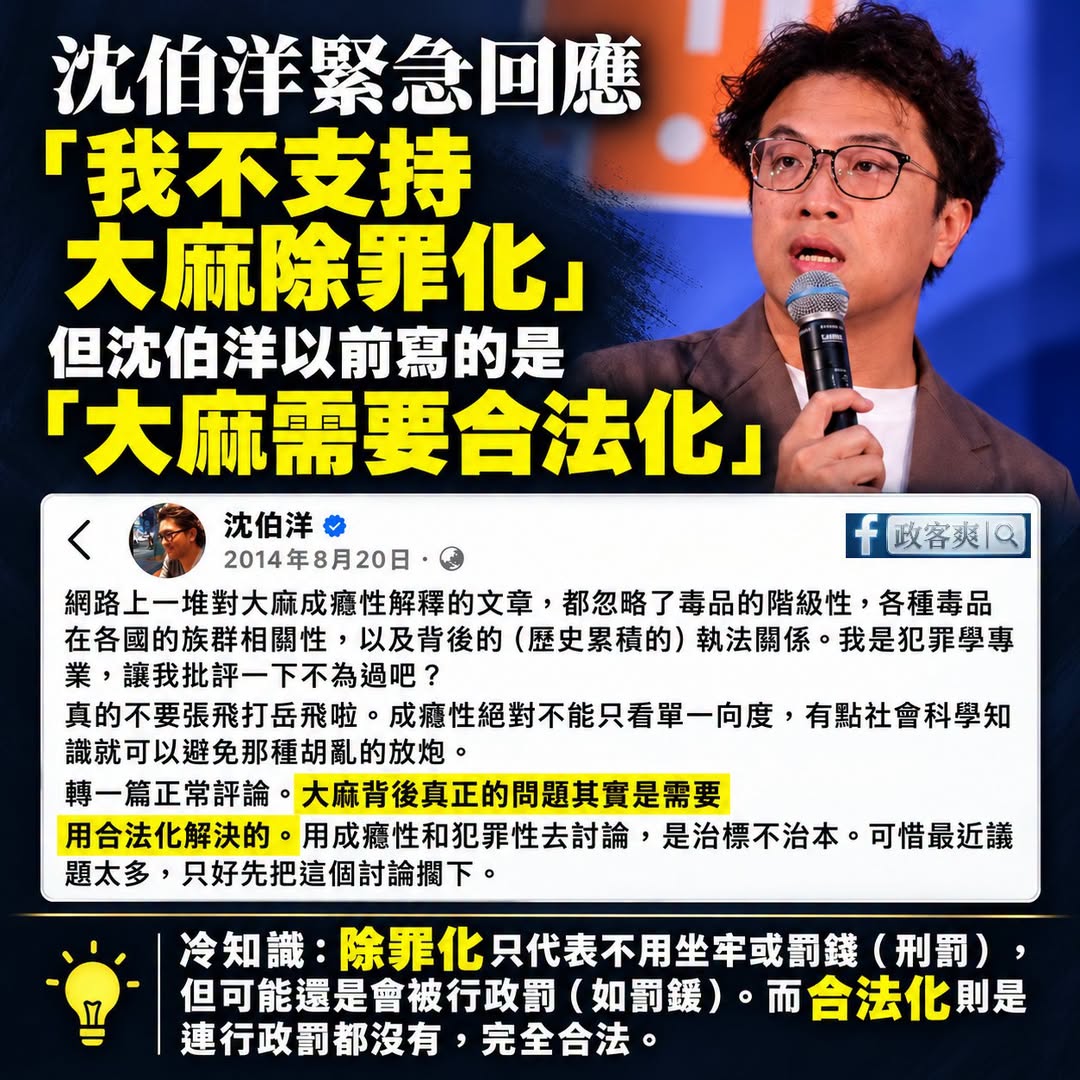 沈伯洋再次問A答ㄅㄆㄇ，跑出來喊我不支持大麻除罪化。
廢話！你當年支持的是「大麻合法化」啊！

除罪化是什麼？
是不把你...