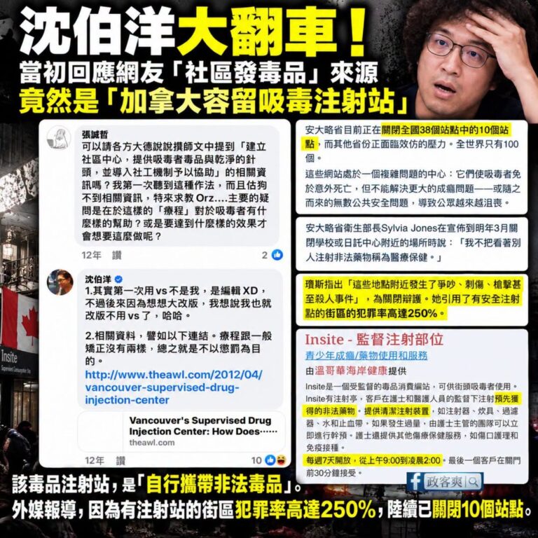 沈伯洋大翻車！
當初回應網友自己主張的「社區發毒品」來源
竟然是「加拿大容留吸毒場所」

早在2014年，沈伯洋自己就回...