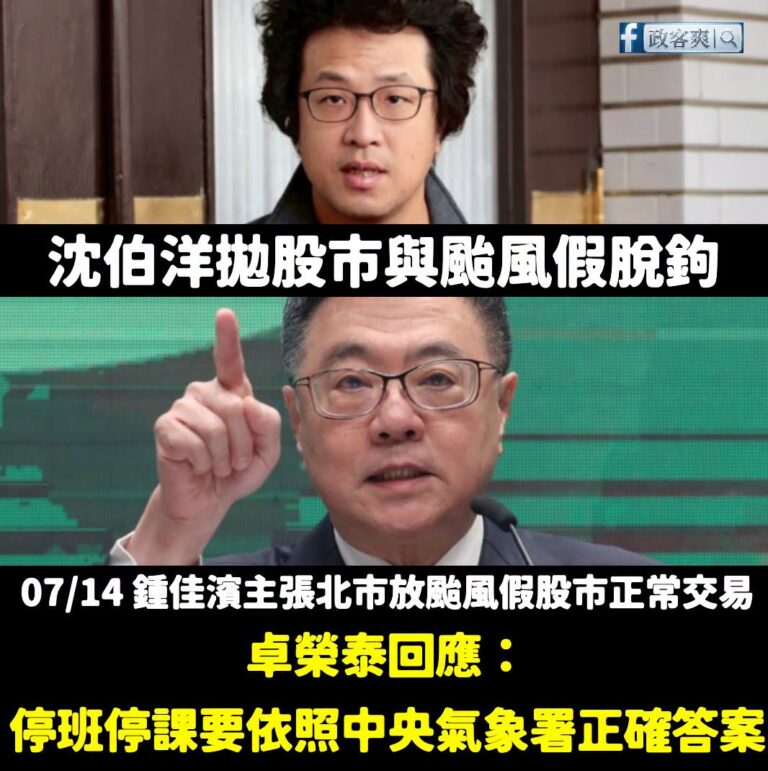 沈伯洋就是草包，股市跟颱風假脫鉤去問中央啊

三個月前，民進黨立委鍾佳濱就質詢要求過「台北市放颱風假股市正常交易」。

...