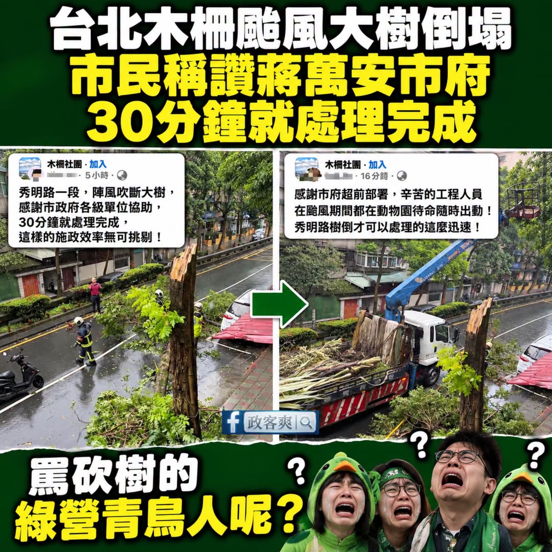 蔣萬安市府再次在台北地方社團被市民稱讚，強風吹斷大樹30分鐘就處理完成

第一線的工作人員都辛苦了，颱風天努力救災！

...